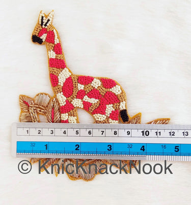 Hand Embroidered Giraffe Applique In Gold, Beige, Red And Black Zardozi Threadwork